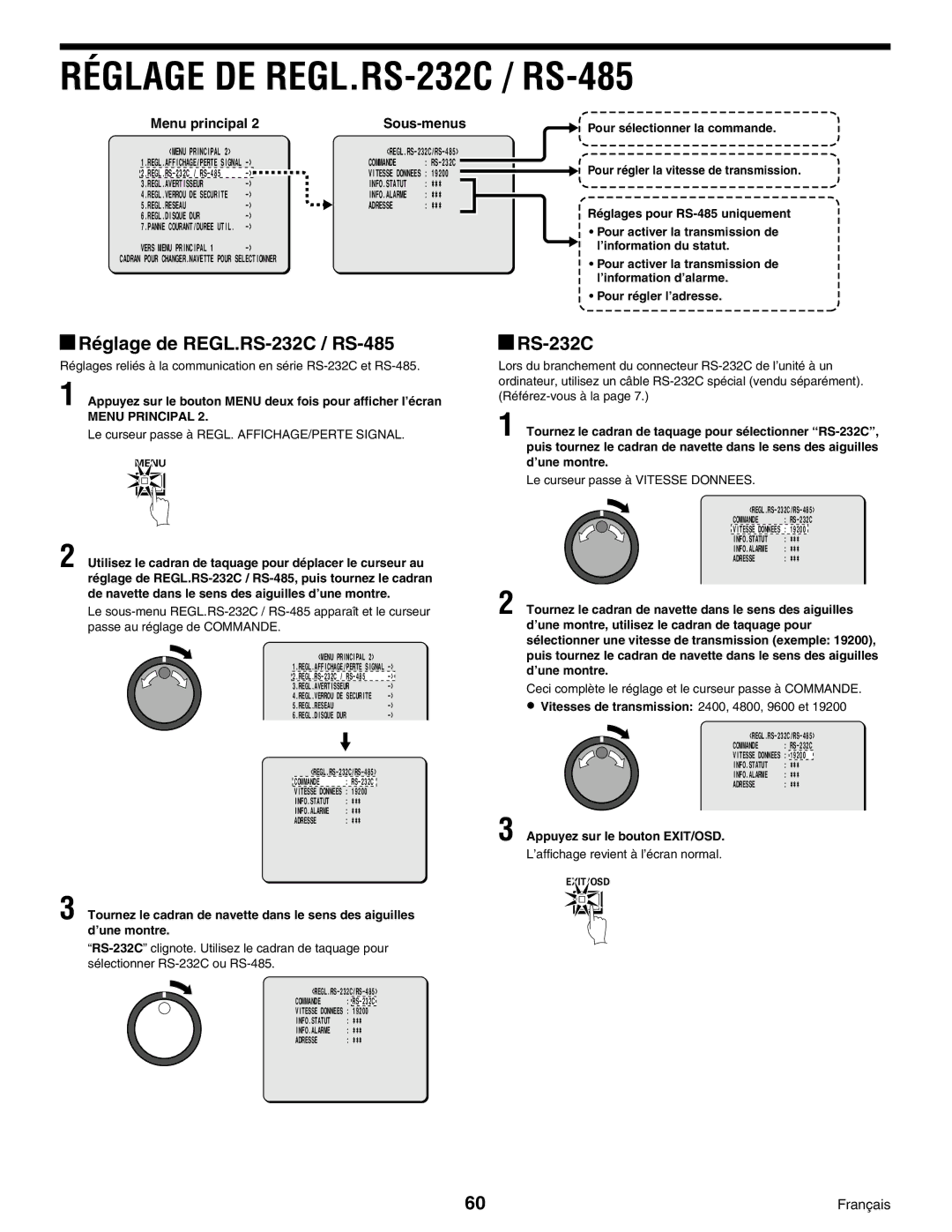 Sanyo DSR-3000, Digital Video Recorder instruction manual Réglage DE REGL.RS-232C / RS-485, Réglage de REGL.RS-232C / RS-485 