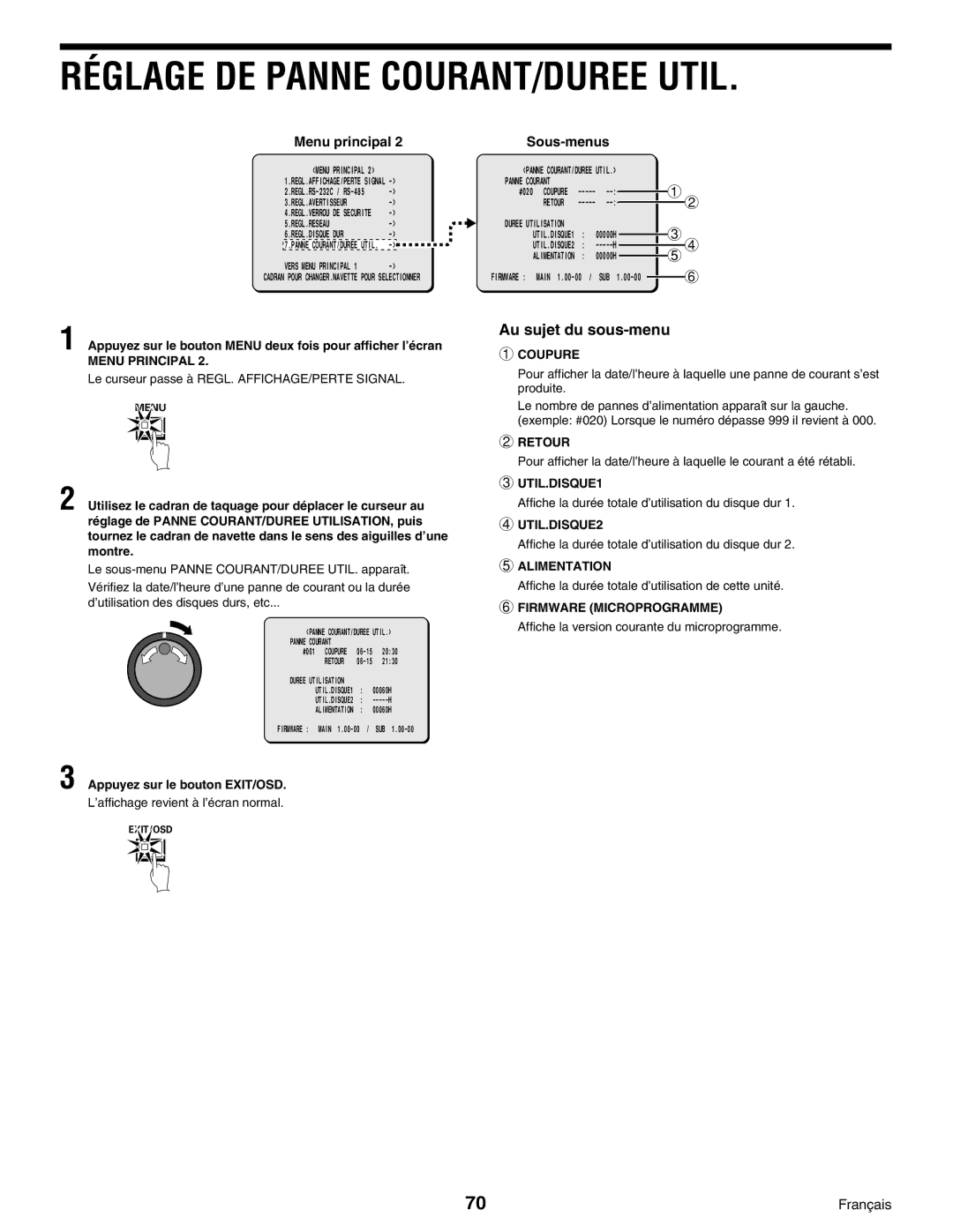 Sanyo DSR-3000, Digital Video Recorder instruction manual Réglage DE Panne COURANT/DUREE Util, Au sujet du sous-menu 