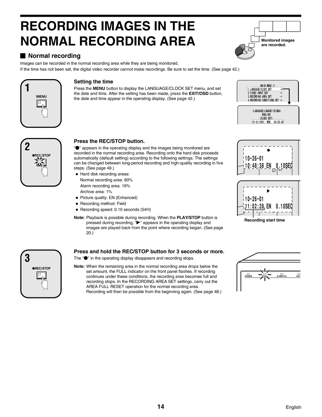 Sanyo DSR-3000, Digital Video Recorder Recording Images in the Normal Recording Area, Normal recording, Setting the time 