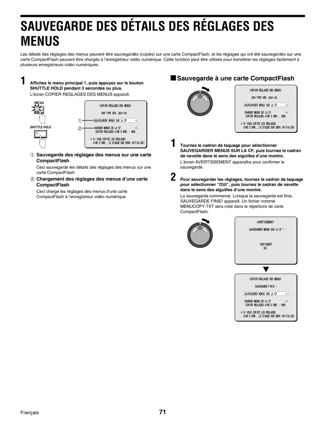 Sanyo Digital Video Recorder, DSR-3000 Sauvegarde DES Détails DES Réglages DES Menus, Sauvegarde à une carte CompactFlash 