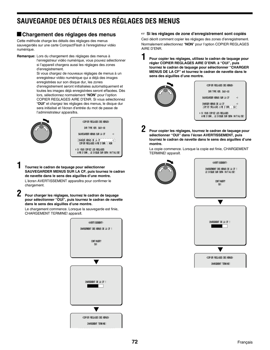 Sanyo DSR-3000, Digital Video Recorder Sauvegarde DES Détails DES Réglages DES Menus, Chargement des réglages des menus 