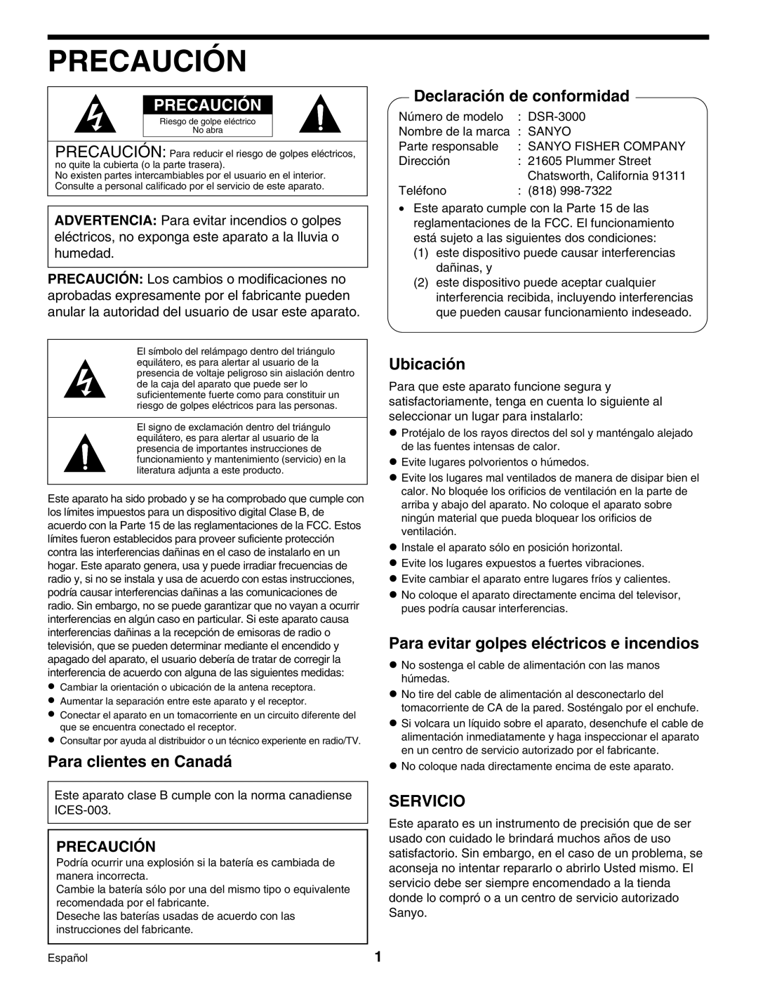 Sanyo Digital Video Recorder, DSR-3000 instruction manual Precaución 