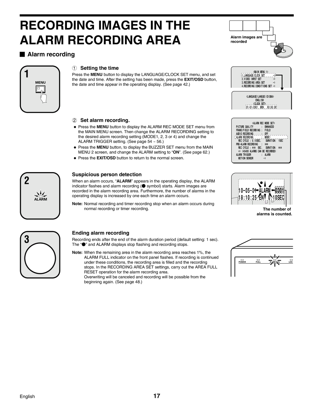 Sanyo Digital Video Recorder, DSR-3000 Recording Images in the Alarm Recording Area, Alarm recording, Set alarm recording 