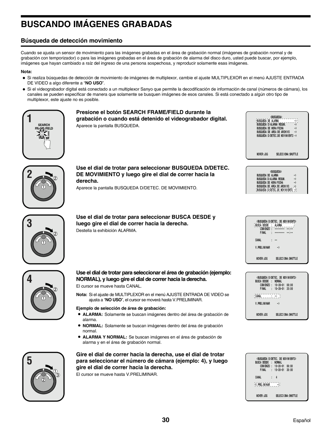 Sanyo DSR-3000 instruction manual Búsqueda de detección movimiento, Aparece la pantalla Busqueda D/DETEC. DE Movimiento 