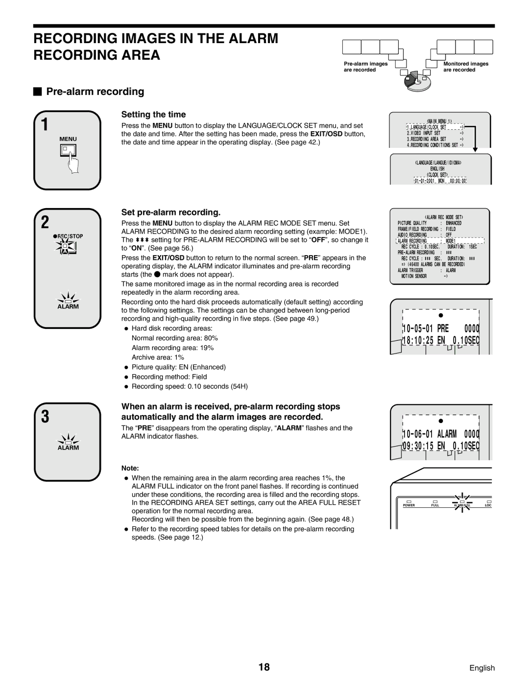 Sanyo DSR-3000 Recording Images in the Alarm Recording Area, Pre-alarm recording, Set pre-alarm recording, MODE1 