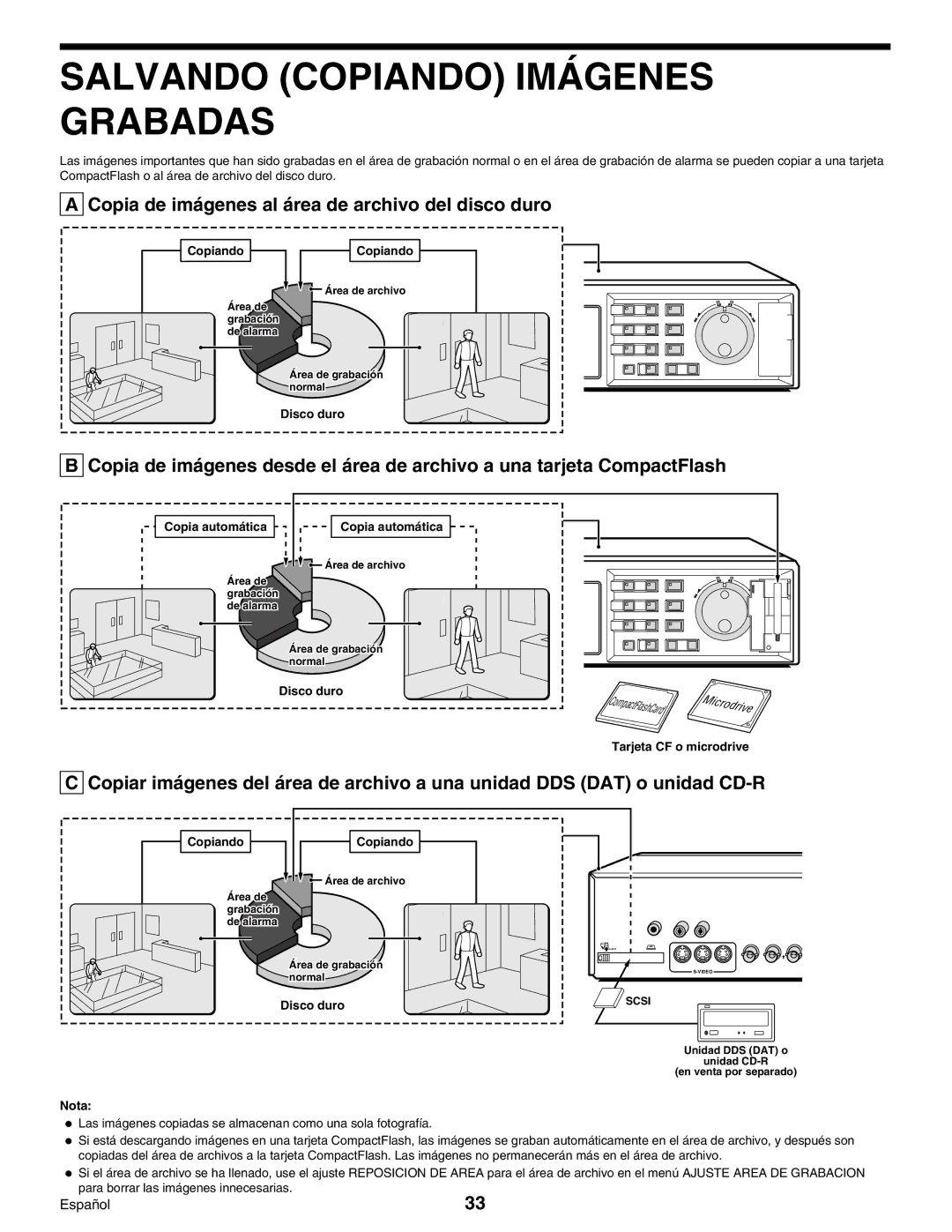 Sanyo Digital Video Recorder Salvando Copiando Imágenes Grabadas, Copia de imágenes al área de archivo del disco duro 