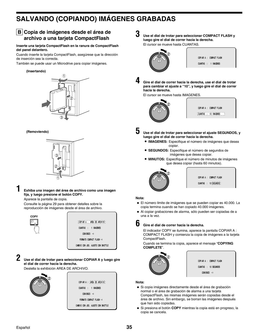 Sanyo Digital Video Recorder, DSR-3000 instruction manual Pictures, Copiar a Compact Flash Cuantas 10 Segundos 