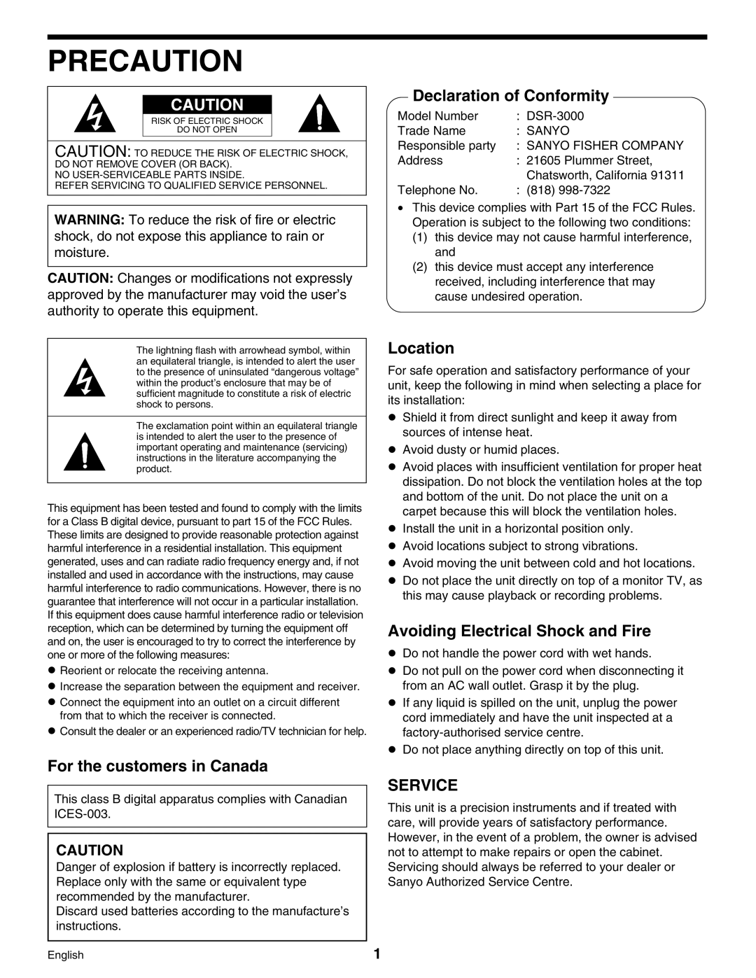 Sanyo Digital Video Recorder, DSR-3000 instruction manual Precaution, For the customers in Canada 