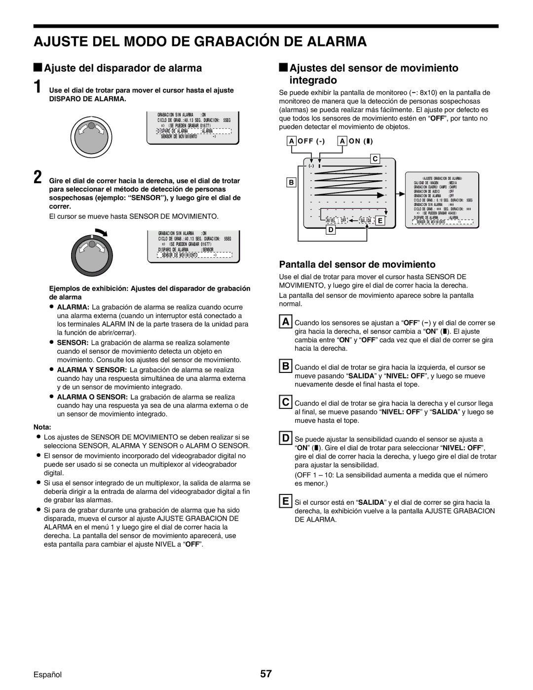 Sanyo Digital Video Recorder, DSR-3000 Ajuste del disparador de alarma, Ajustes del sensor de movimiento integrado 