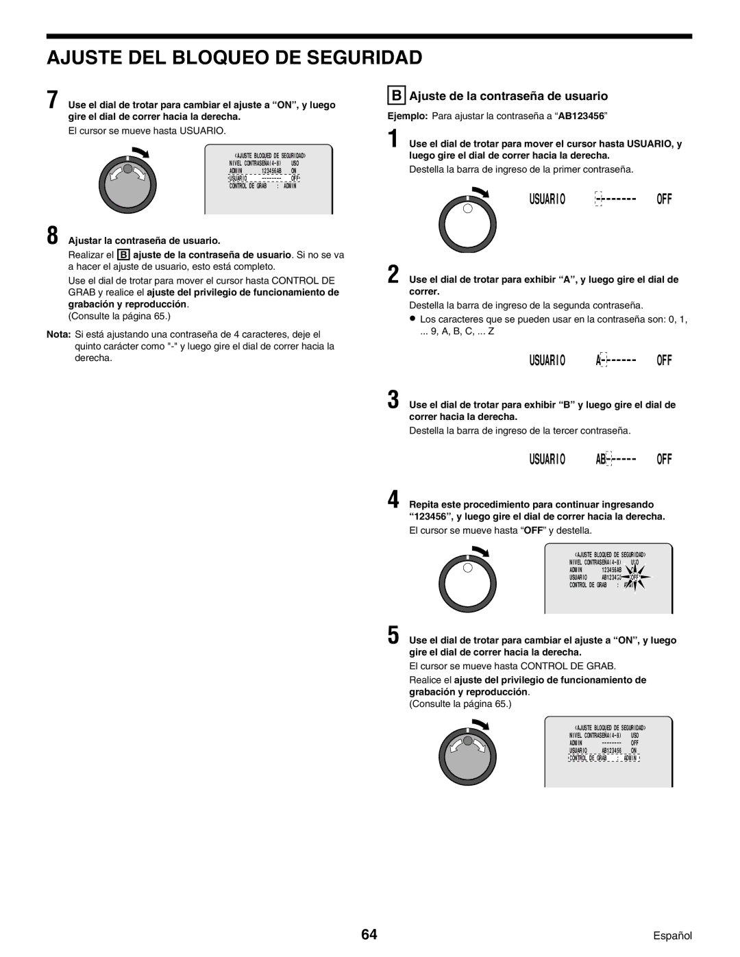 Sanyo DSR-3000, Digital Video Recorder Ajuste DEL Bloqueo DE Seguridad, Usuario, Ajuste de la contraseña de usuario 