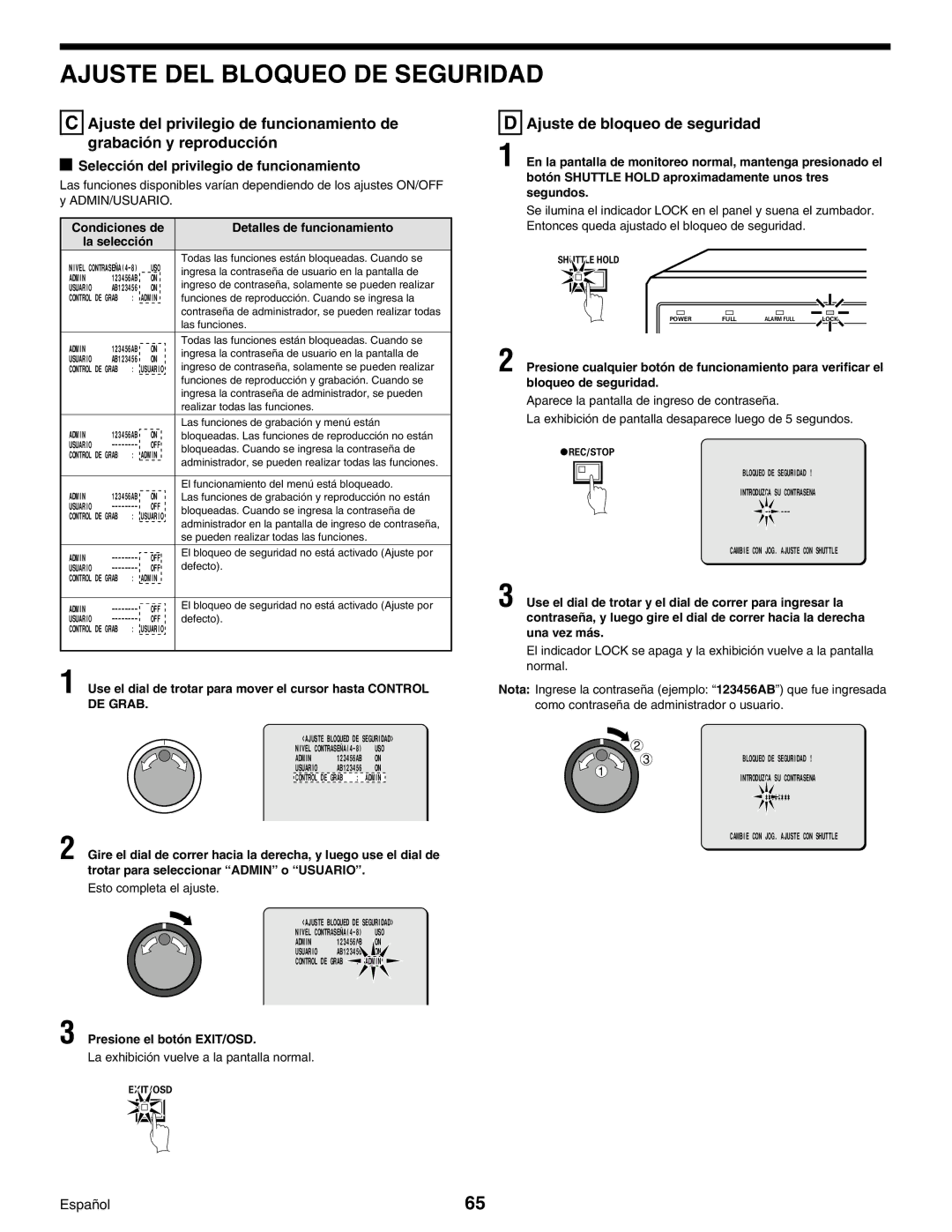 Sanyo Digital Video Recorder, DSR-3000 Ajuste de bloqueo de seguridad, Selección del privilegio de funcionamiento 