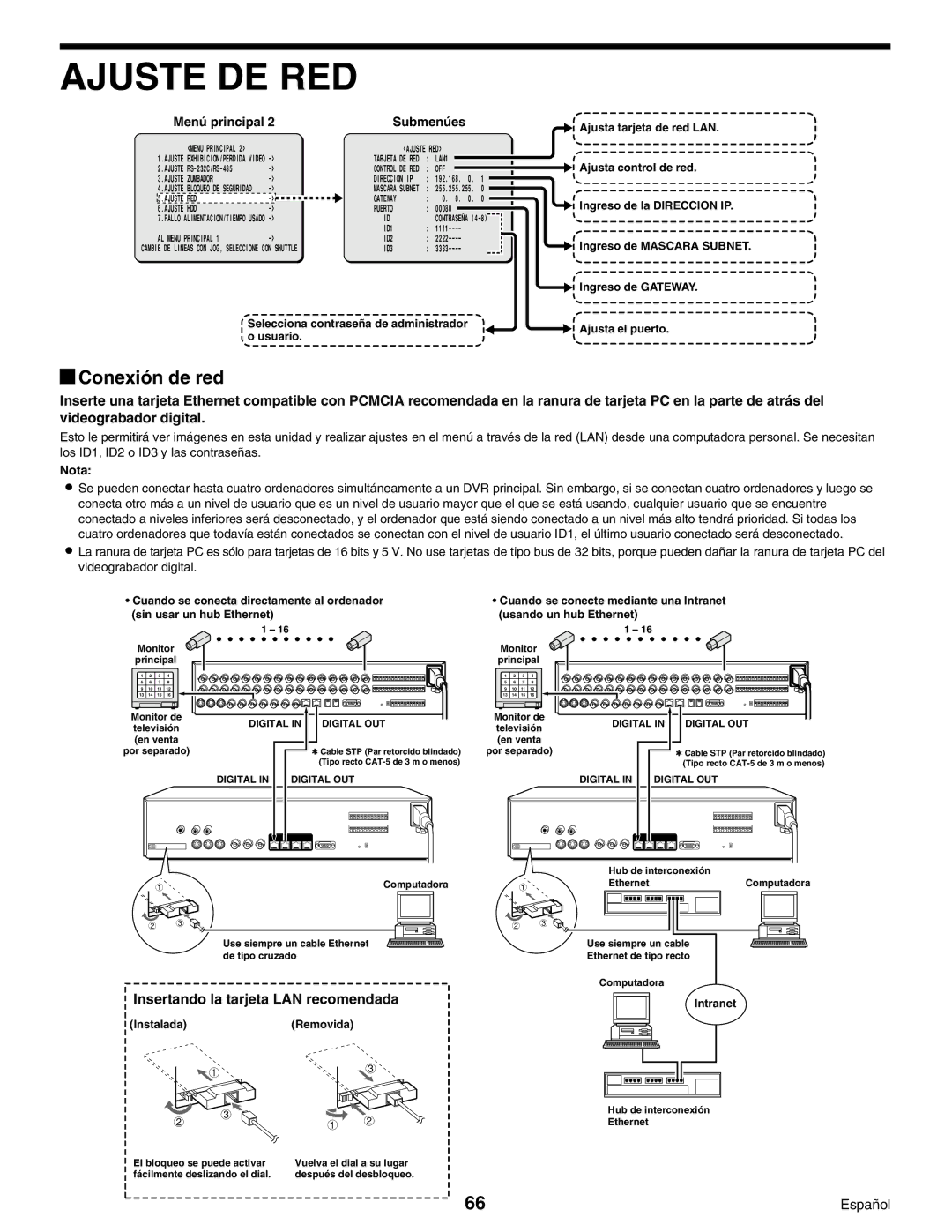 Sanyo DSR-3000 instruction manual Ajuste DE RED, Conexión de red, Insertando la tarjeta LAN recomendada, Menú principal 