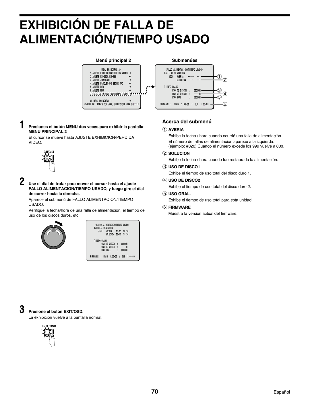 Sanyo DSR-3000, Digital Video Recorder Exhibición DE Falla DE ALIMENTACIÓN/TIEMPO Usado, Acerca del submenú 