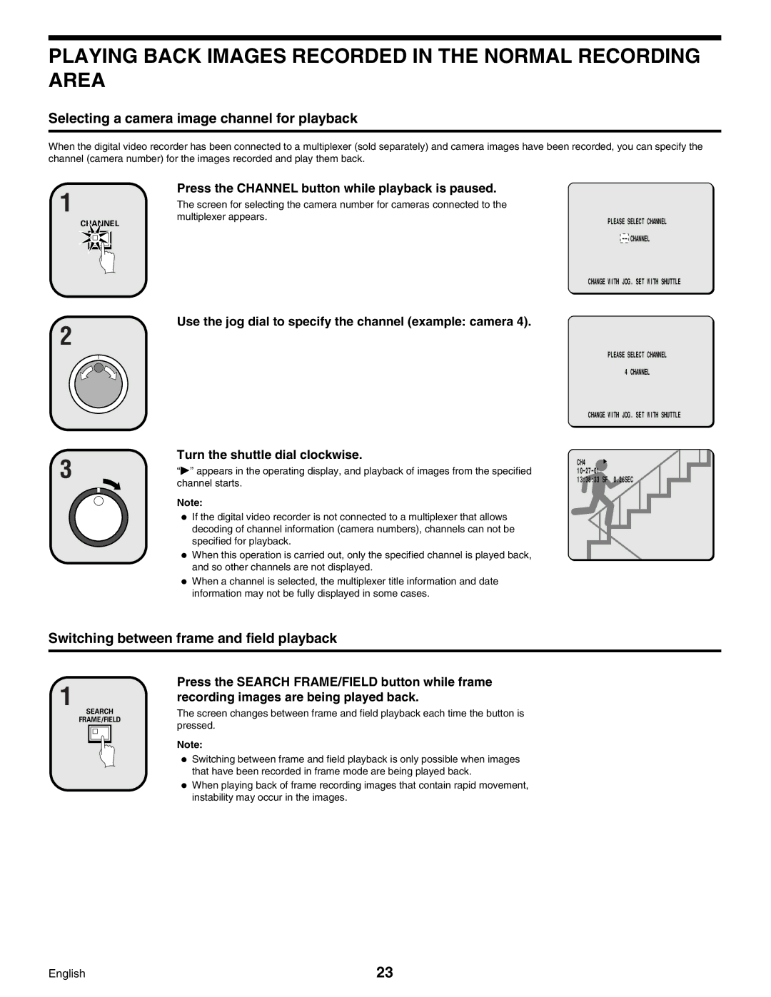 Sanyo Digital Video Recorder Selecting a camera image channel for playback, Switching between frame and field playback 