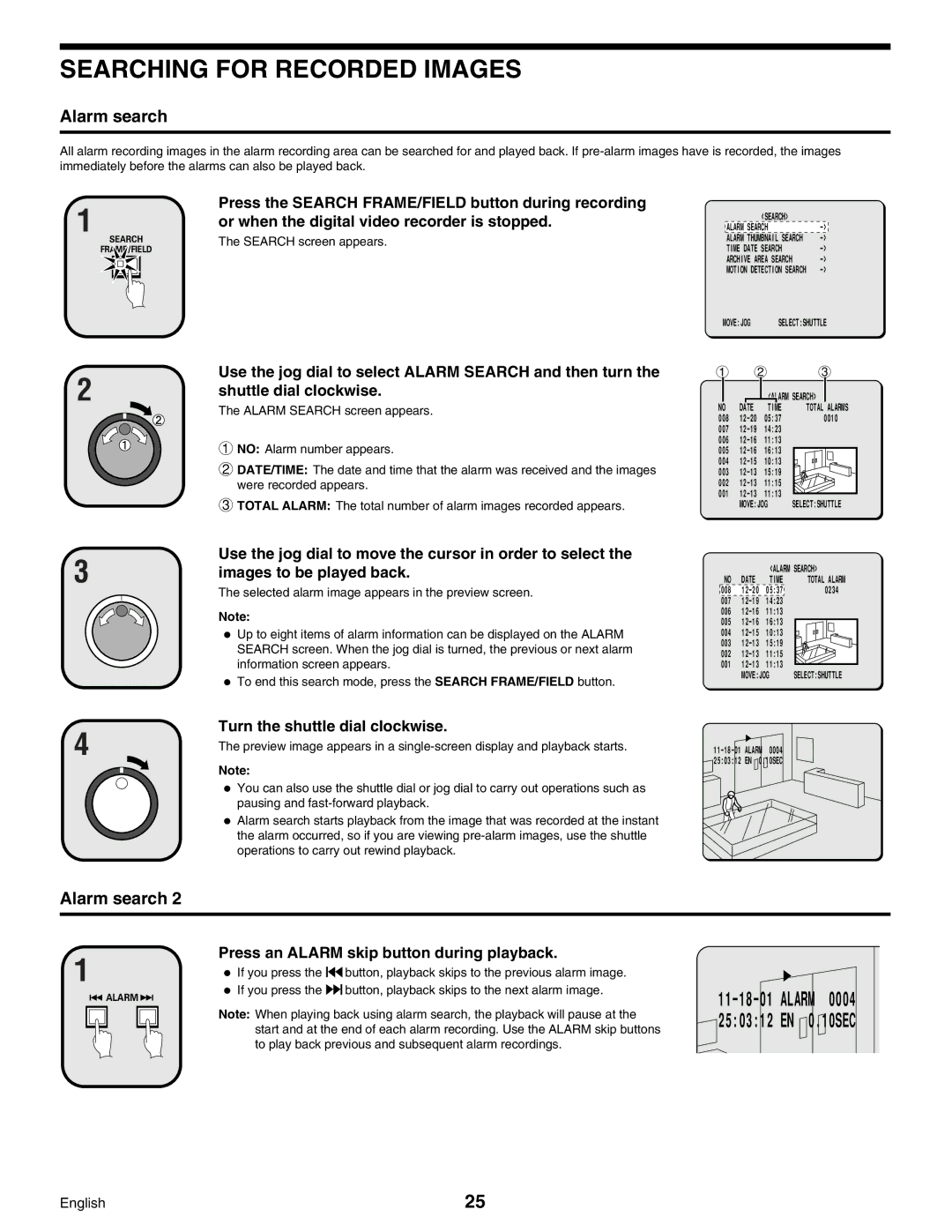 Sanyo Digital Video Recorder Searching for Recorded Images, Alarm search, Press an Alarm skip button during playback 