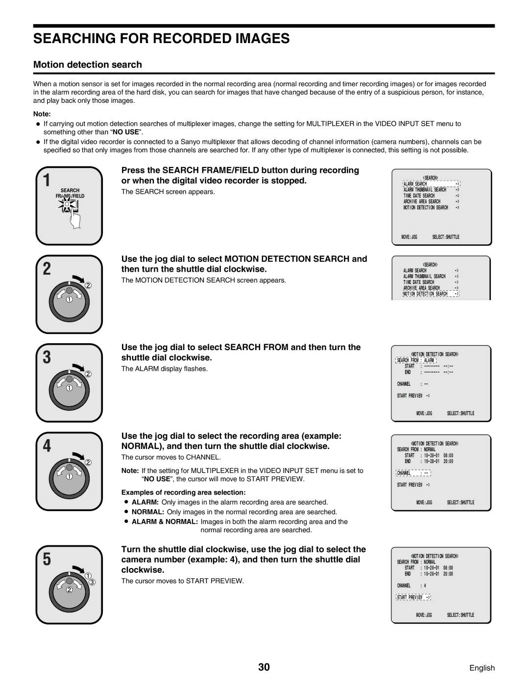 Sanyo DSR-3000 instruction manual Motion detection search, Motion Detection Search screen appears, Alarm display flashes 