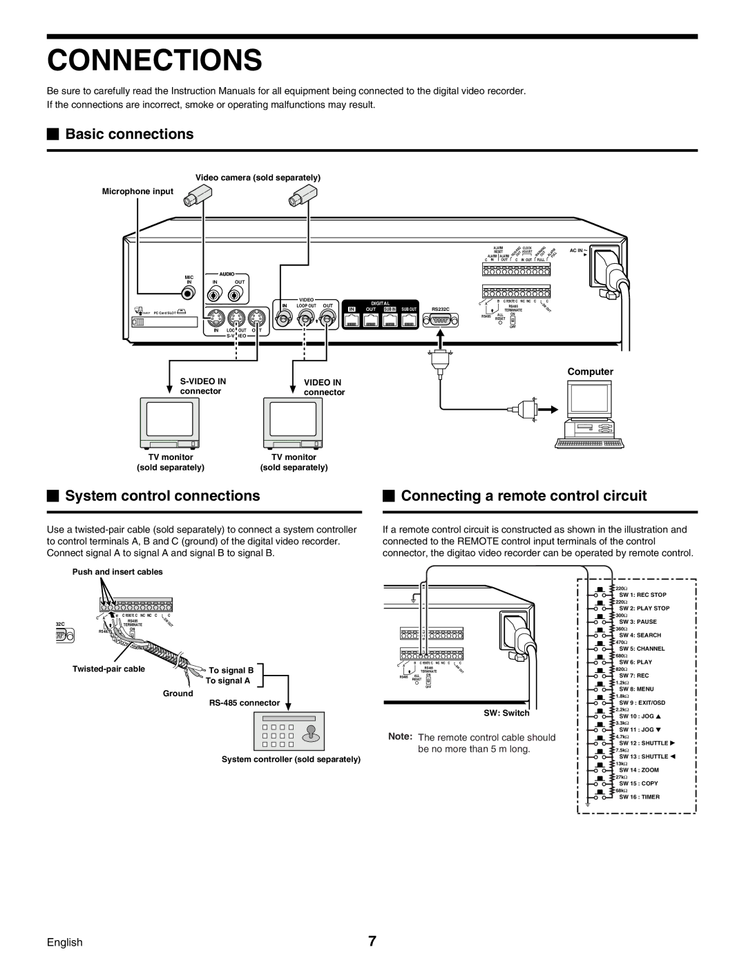 Sanyo Digital Video Recorder, DSR-3000 Connections, Basic connections, System control connections, Computer 