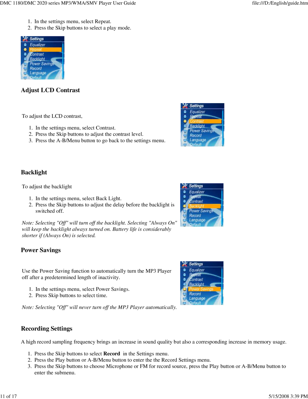 Sanyo DMC 1180, DMC 2020 specifications Adjust LCD Contrast, Backlight, Power Savings, Recording Settings 