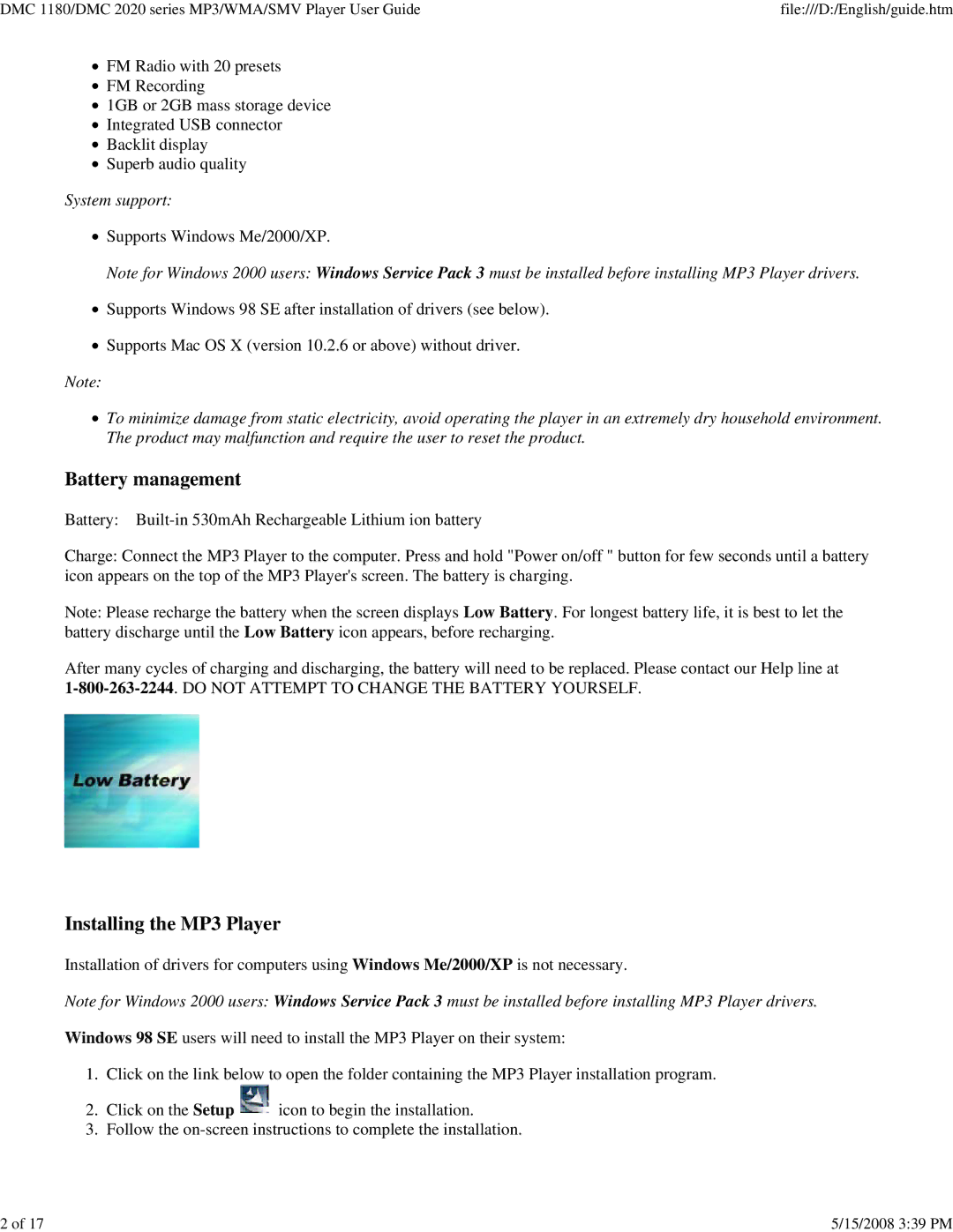 Sanyo DMC 2020, DMC 1180 specifications Battery management, Installing the MP3 Player 