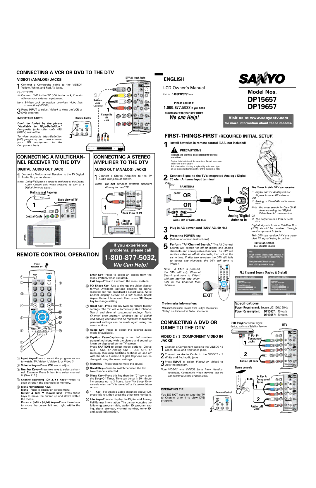 Sanyo DP15657 specifications ➁ Volume Keys-PressVOL + to adjust, ➄ Menu Navigational Keys 