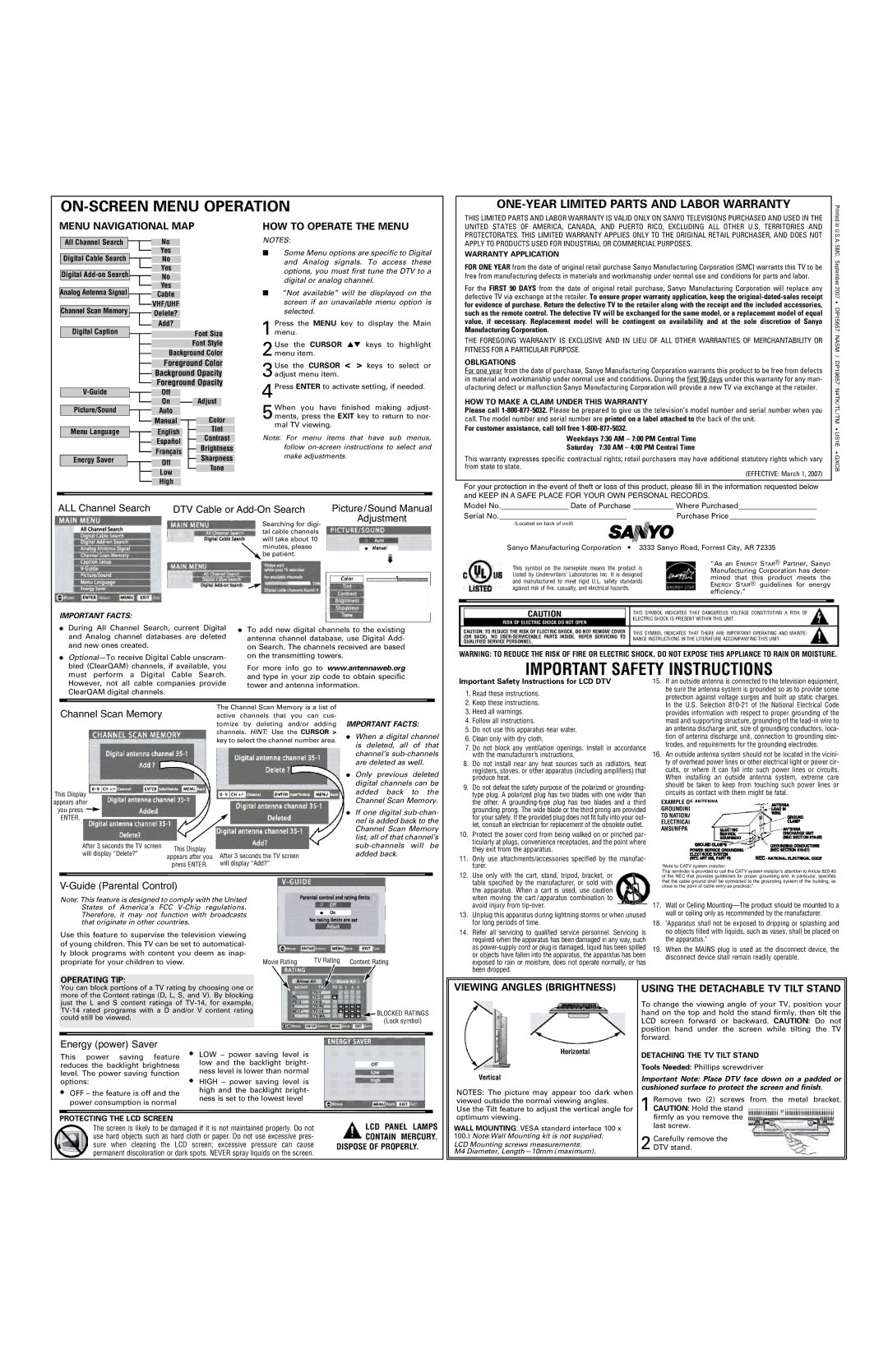 Sanyo DP15657 Manufacturing Corporation, For customer assistance, call toll free, Weekdays 730 AM 700 PM Central Time 