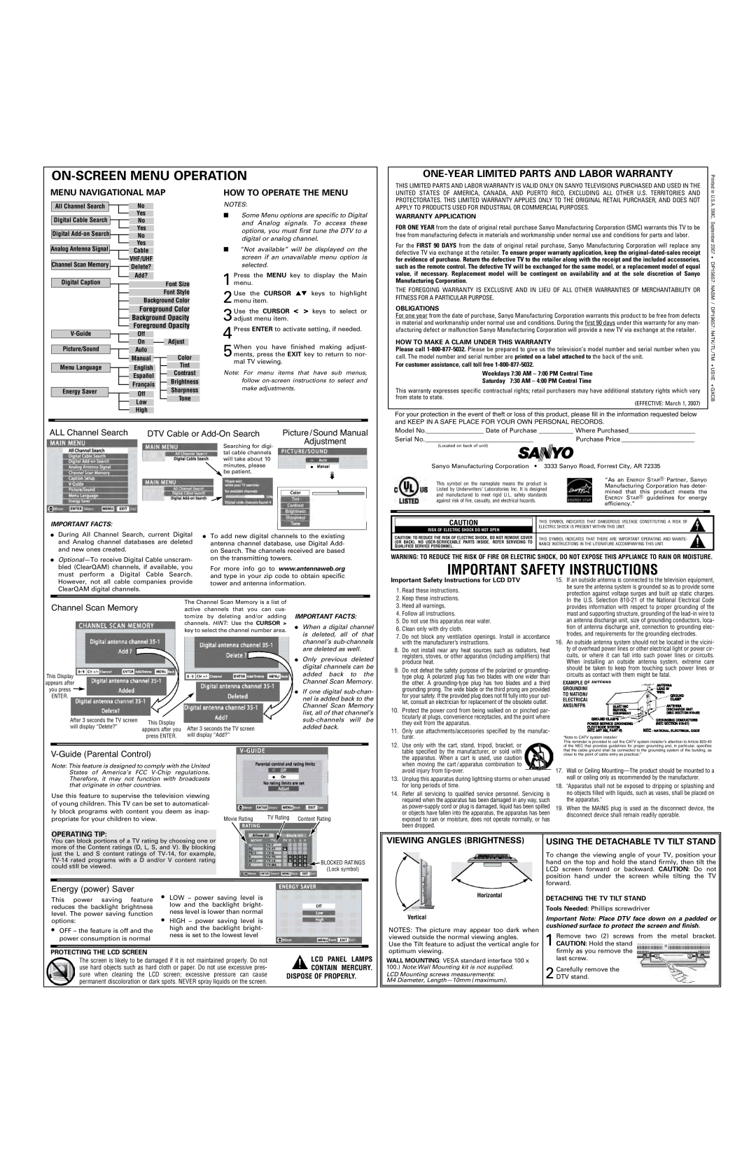 Sanyo DP15657 One-Year Limited Parts And Labor Warranty, Menu Navigational Map, How To Operate The Menu, Important Facts 