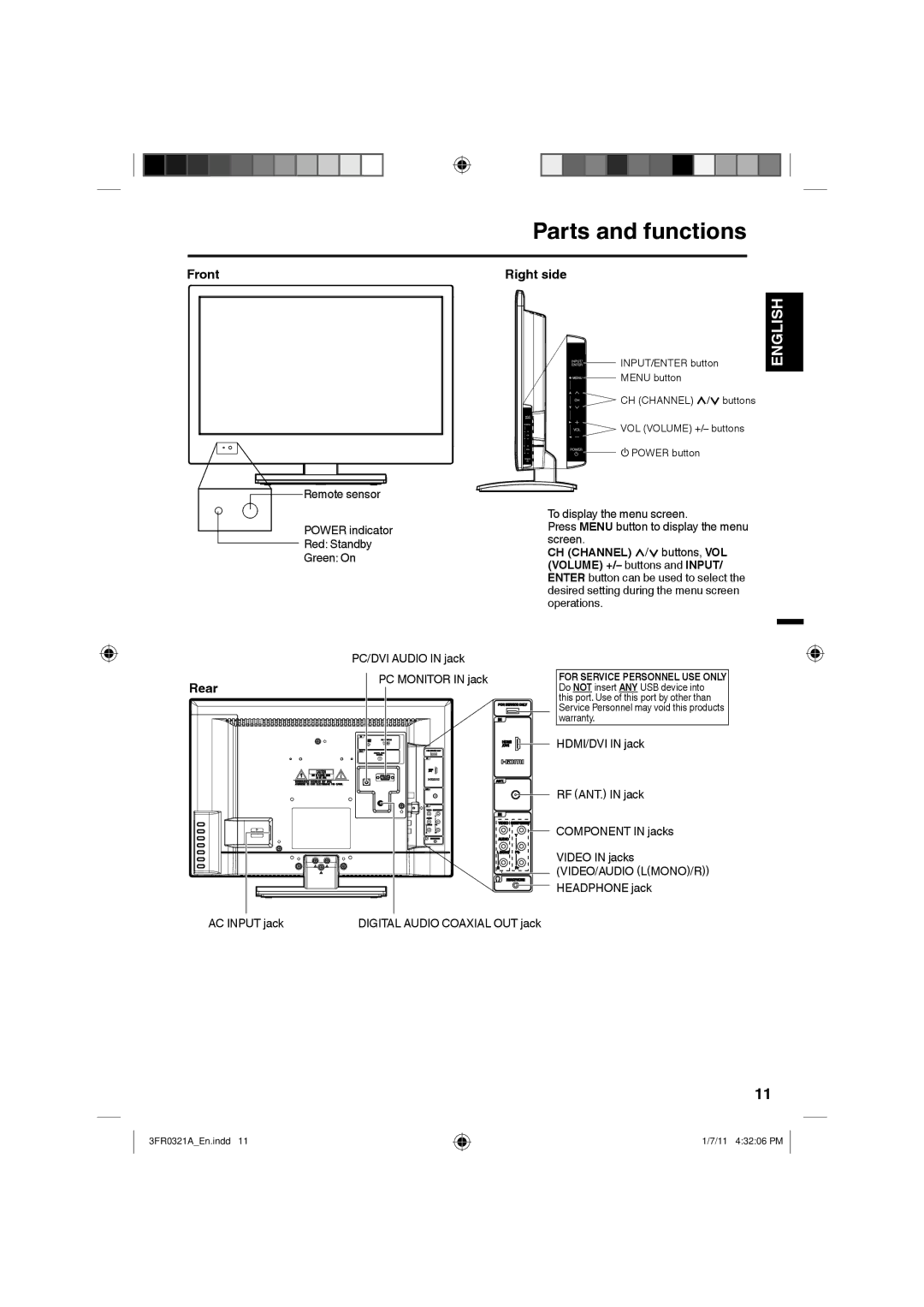 Sanyo DP19241 owner manual Parts and functions, Front, Rear, Right side 