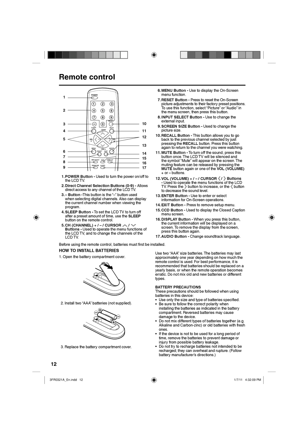 Sanyo DP19241 owner manual Remote control, Battery Precautions 