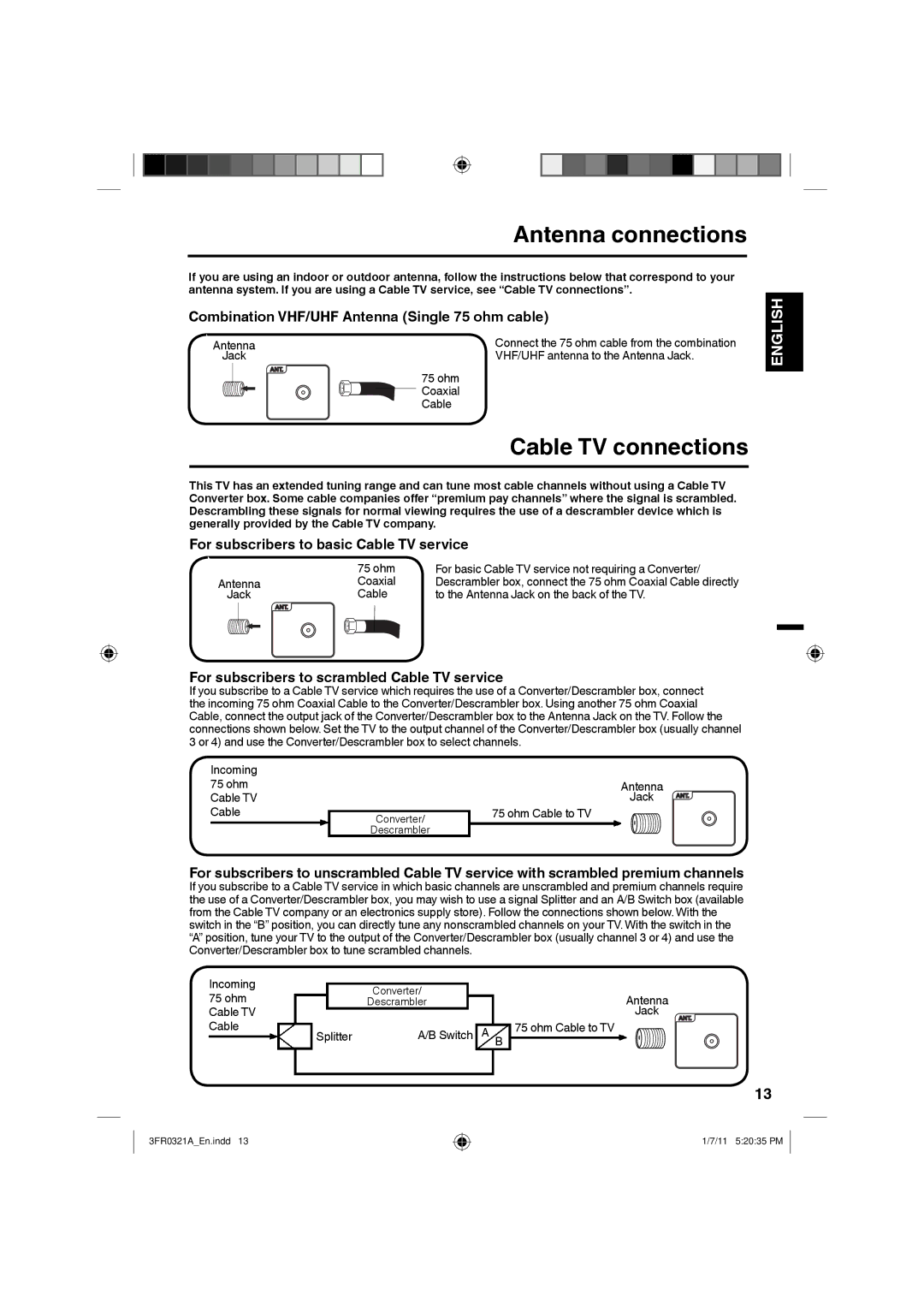 Sanyo DP19241 owner manual Antenna connections, Combination VHF/UHF Antenna Single 75 ohm cable 