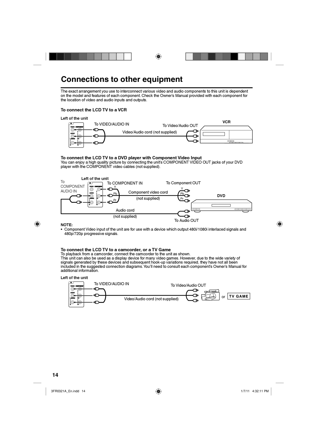 Sanyo DP19241 owner manual Connections to other equipment, To connect the LCD TV to a VCR, Left of the unit 