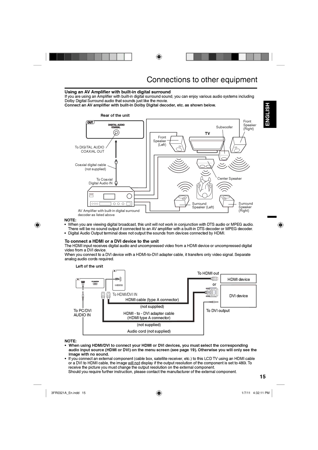 Sanyo DP19241 owner manual Connections to other equipment, Using an AV Amplifier with built-in digital surround 