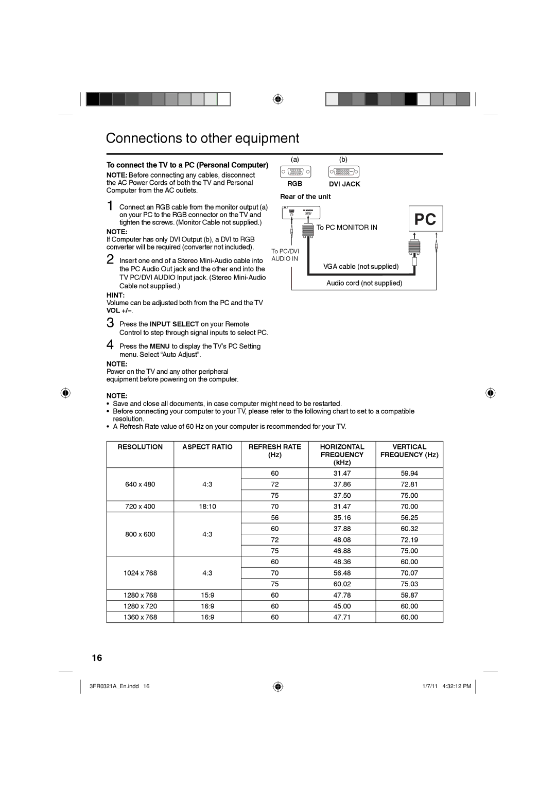 Sanyo DP19241 owner manual To connect the TV to a PC Personal Computer, Rgb, Aspect Ratio, Vertical, KHz 