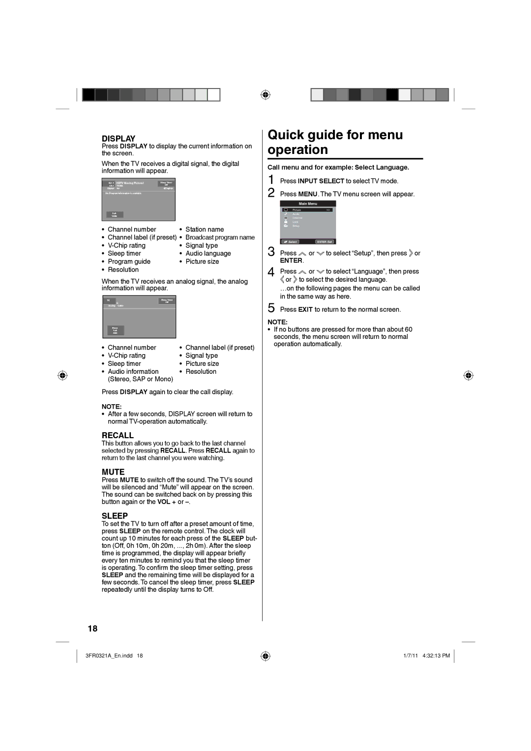 Sanyo DP19241 owner manual Quick guide for menu operation, Display 