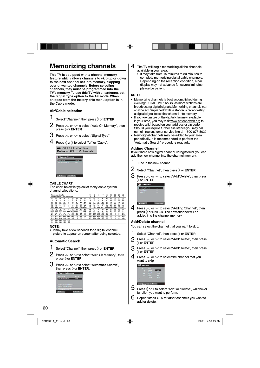 Sanyo DP19241 owner manual Memorizing channels, Air/Cable selection, Automatic Search, Adding Channel, Add/Delete channel 