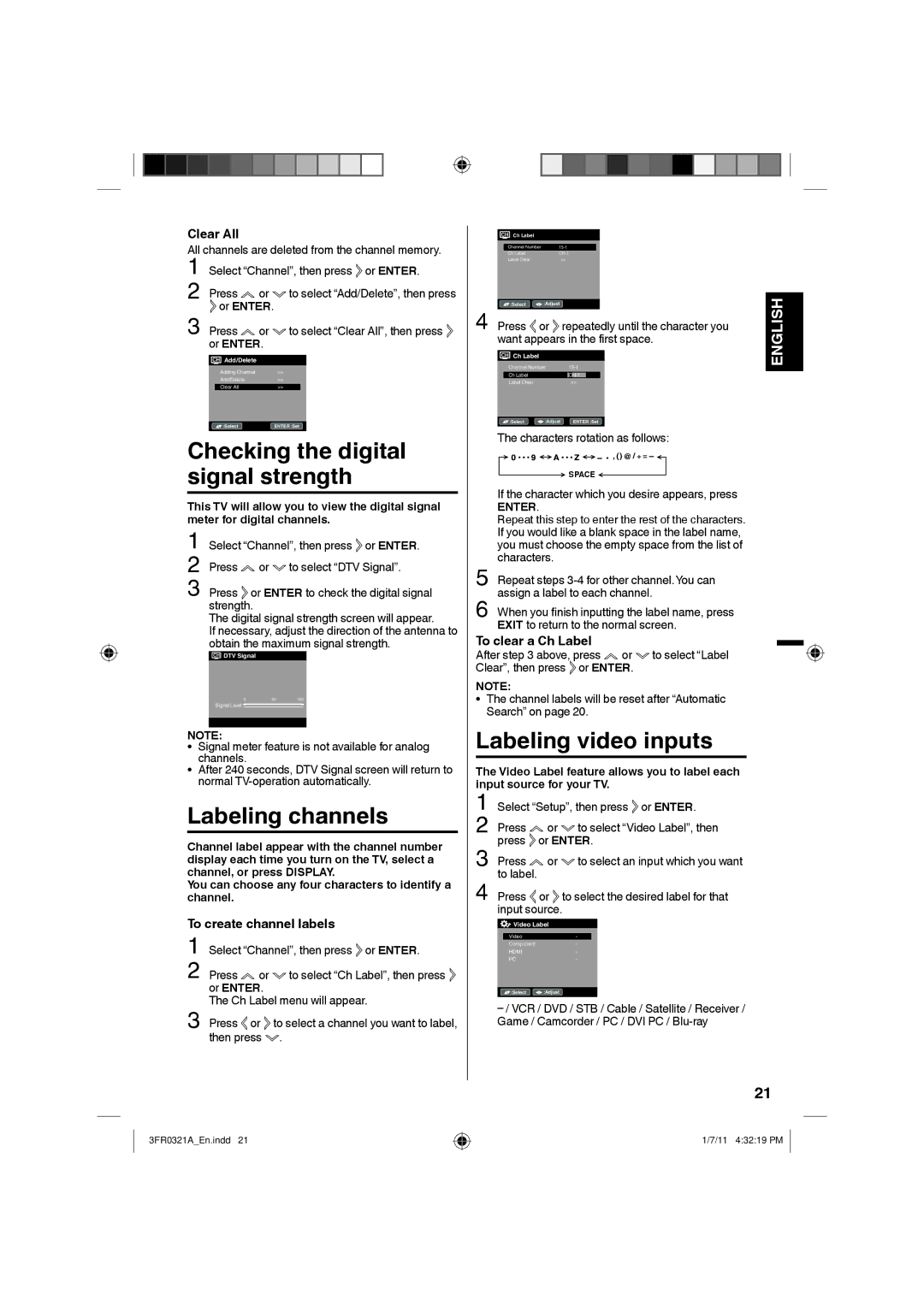 Sanyo DP19241 owner manual Checking the digital signal strength, Labeling channels, Clear All, To create channel labels 