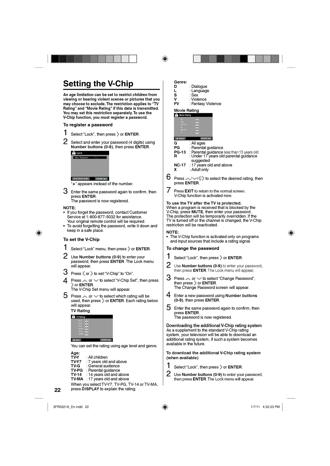 Sanyo DP19241 owner manual Setting the V-Chip, To register a password, To set the V-Chip, To change the password 