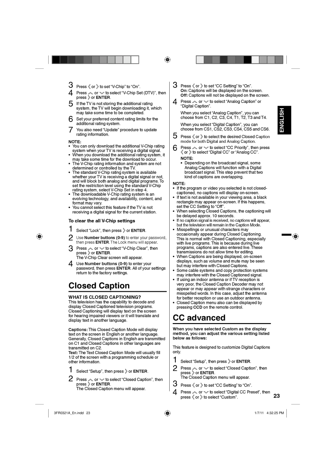 Sanyo DP19241 owner manual Closed Caption, CC advanced, To clear the all V-Chip settings 