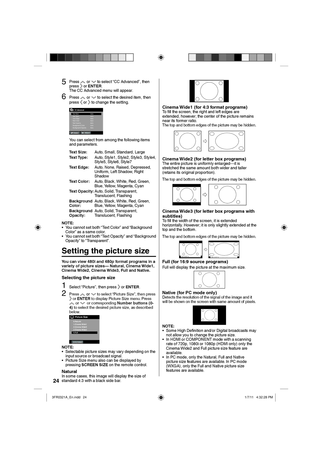 Sanyo DP19241 owner manual Setting the picture size 