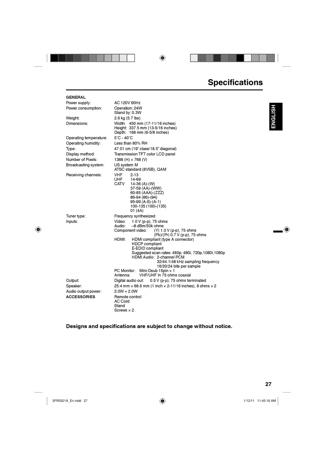 Sanyo DP19241 owner manual Specifications, General, Accessories 