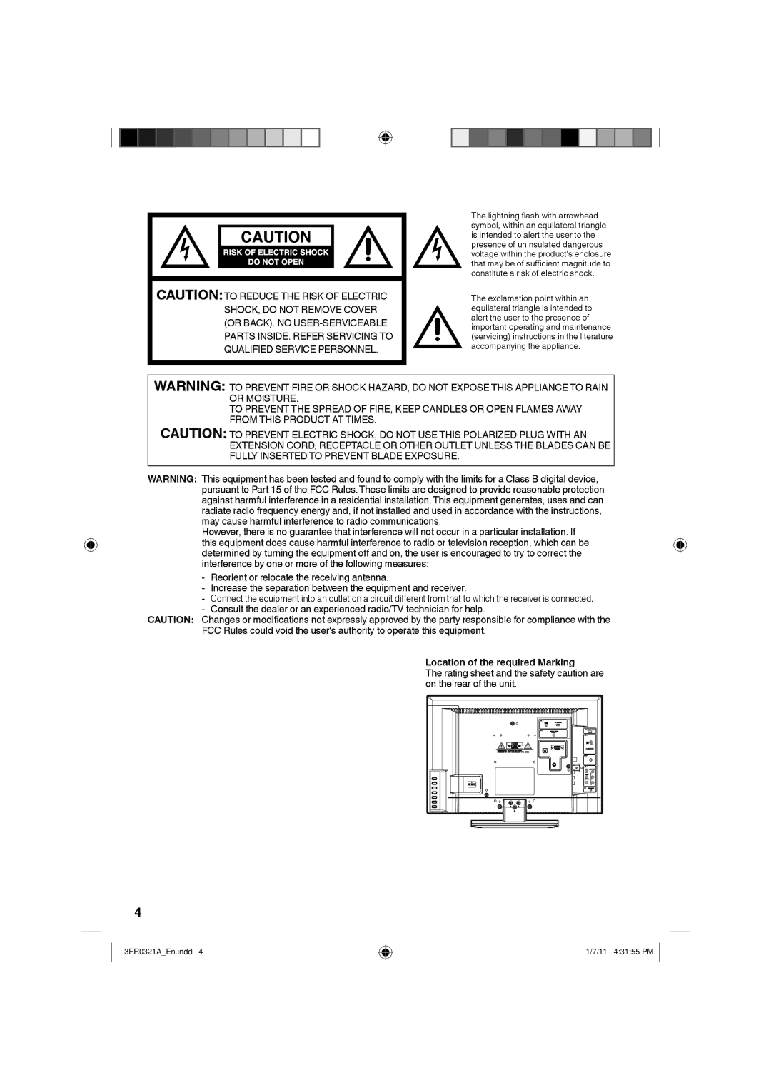 Sanyo DP19241 owner manual Location of the required Marking 