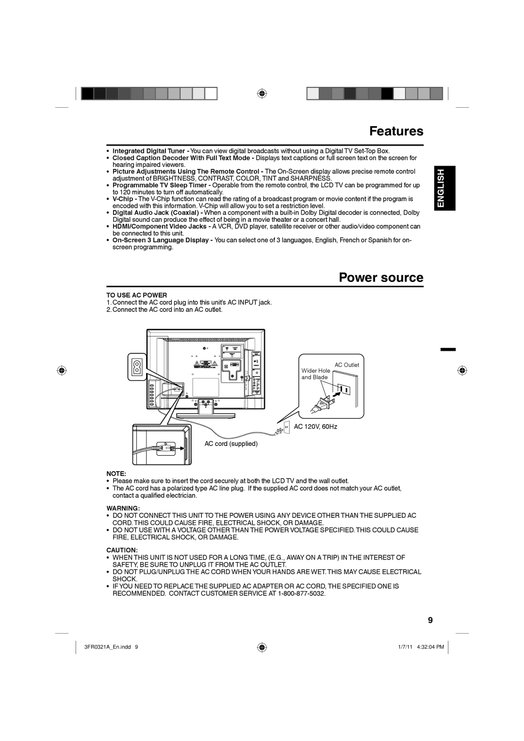 Sanyo DP19241 owner manual Features, Power source, To USE AC Power 