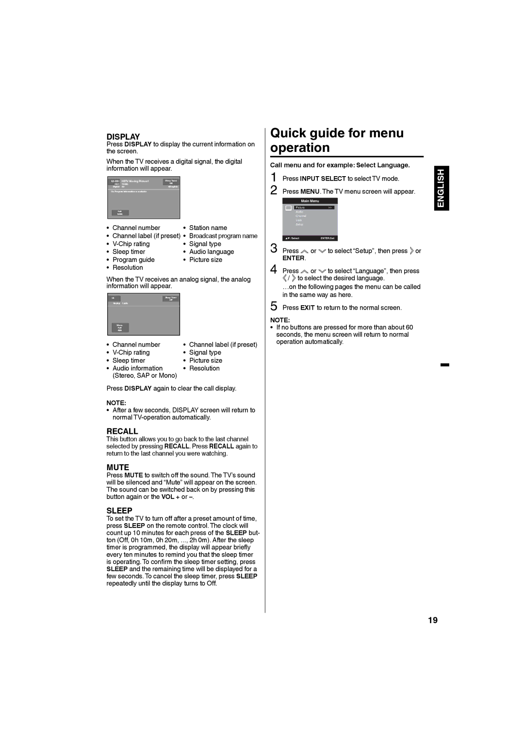 Sanyo DP19640 manual Quick guide for menu operation 