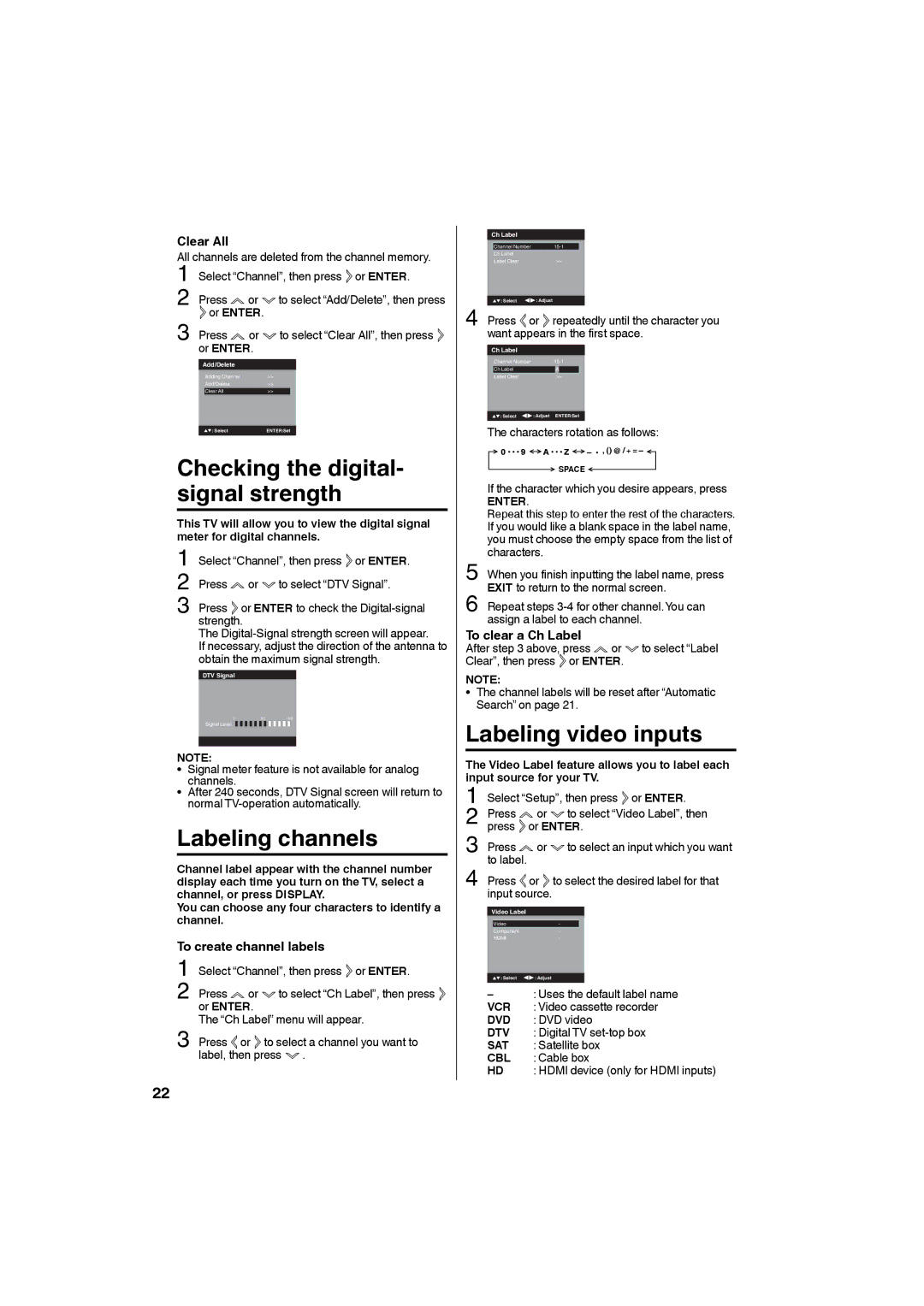 Sanyo DP19640 manual Labeling video inputs, Clear All, To clear a Ch Label, Or Enter 