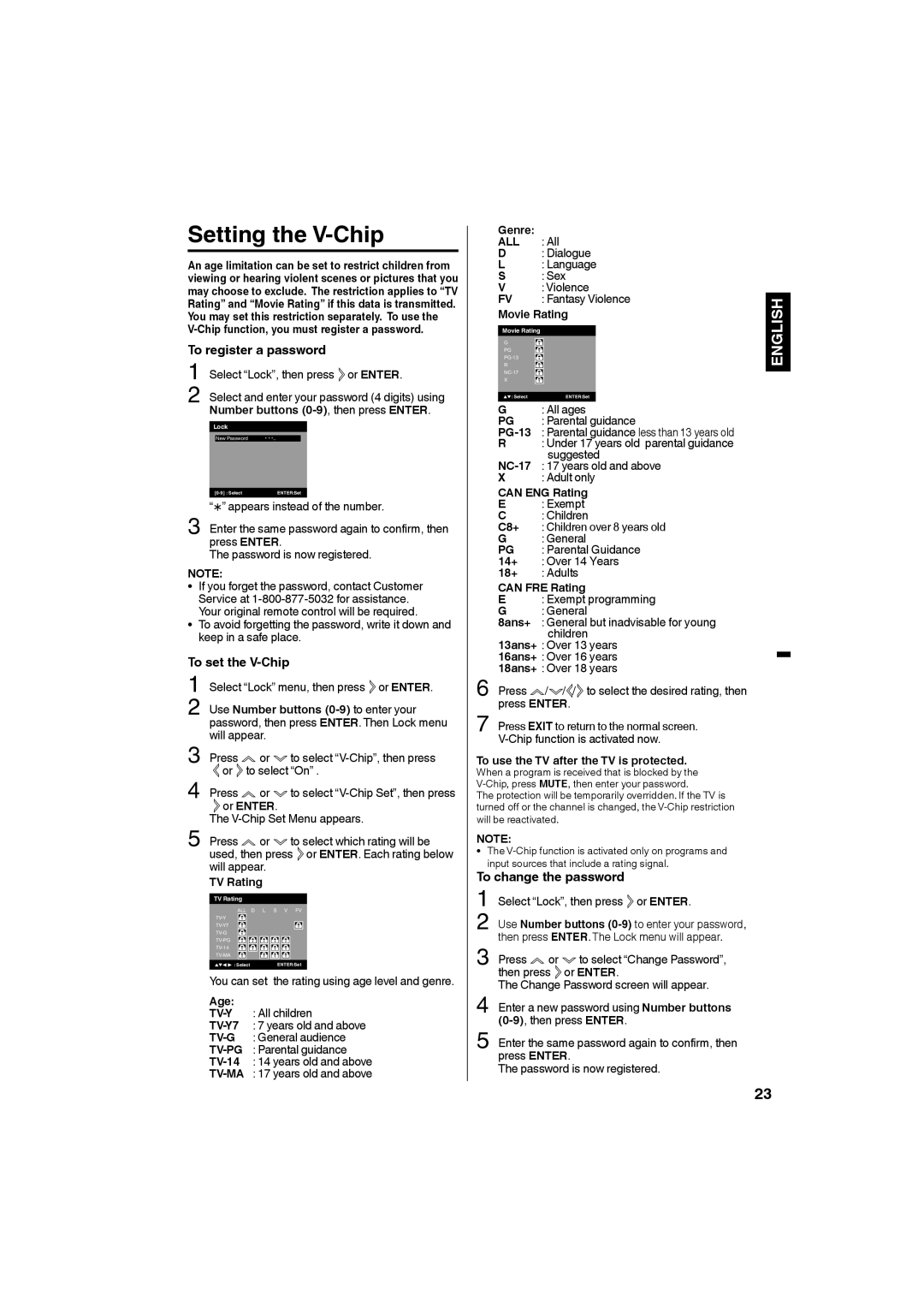 Sanyo DP19640 manual Setting the V-Chip, To register a password, To set the V-Chip, To change the password, All 