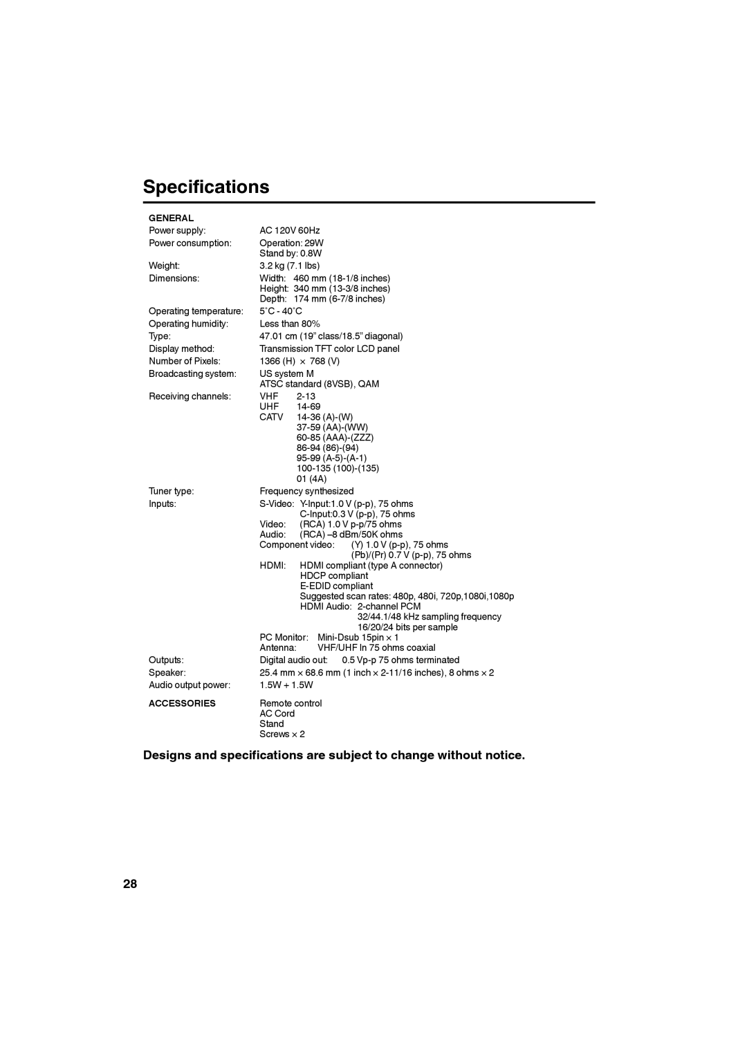 Sanyo DP19640 manual Specifications, General, Accessories 