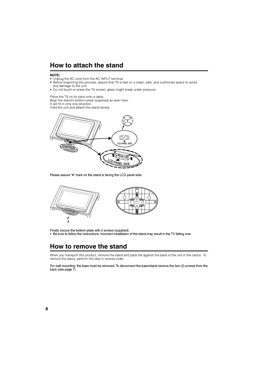 Sanyo DP19640 manual How to attach the stand, How to remove the stand 