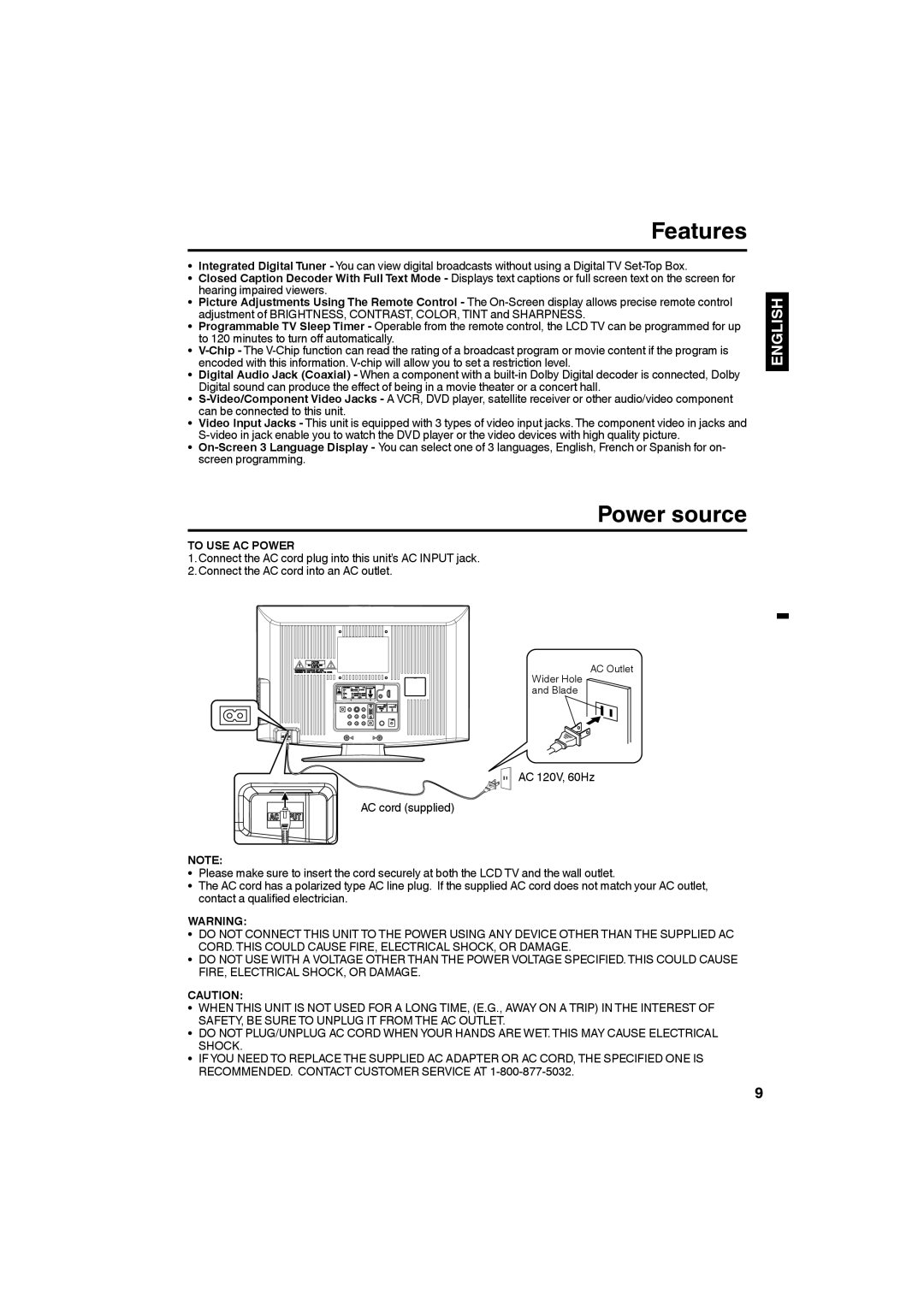 Sanyo DP19640 manual Features, Power source, To USE AC Power 