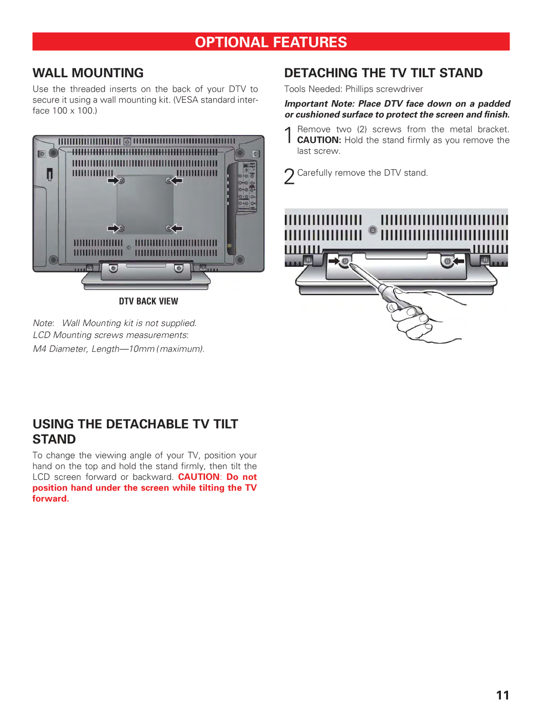 Sanyo DP19647 Optional Features, Wall Mounting, Detaching the TV Tilt Stand, Using the Detachable TV Tilt Stand 