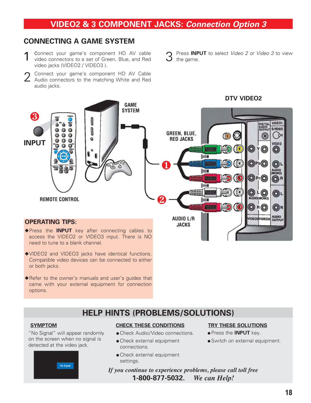 Sanyo DP19647 owner manual Connecting a Game System, Input, Symptom, Check These Conditions TRY These Solutions 