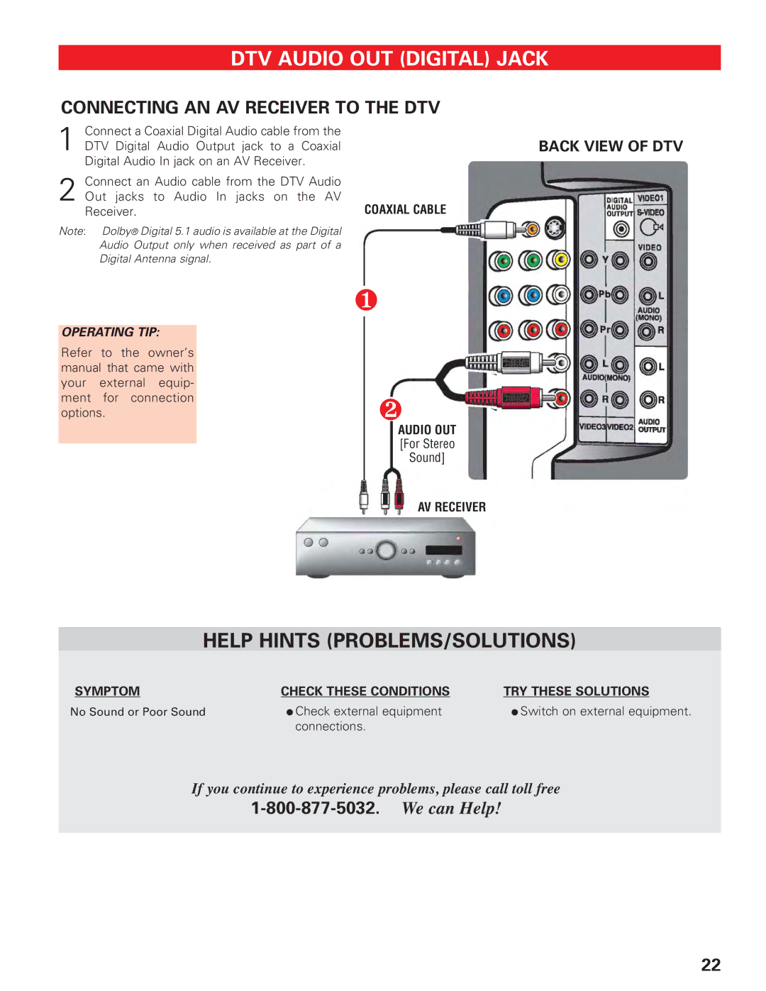 Sanyo DP19647 owner manual DTV Audio OUT Digital Jack, Connecting AN AV Receiver to the DTV 